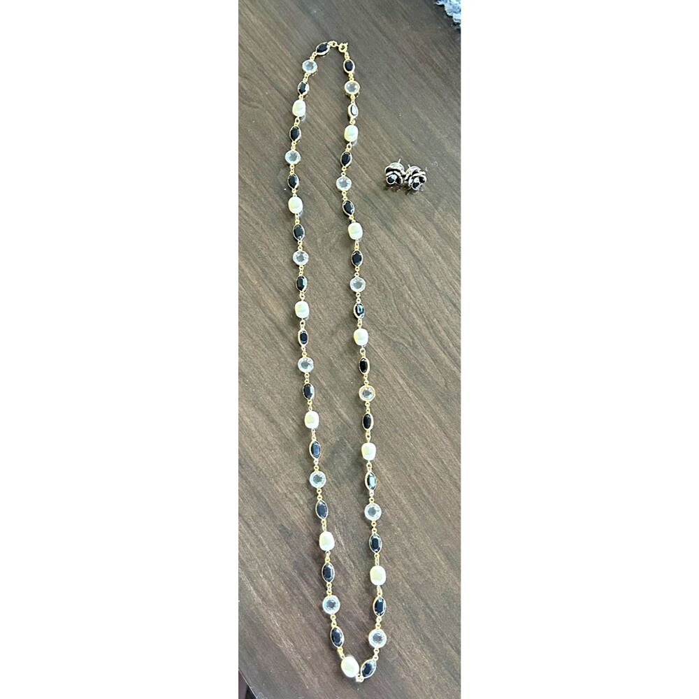 Vtg. Black Crystals/Faux Pearls/Gold Tone Necklace & Flower Earrings